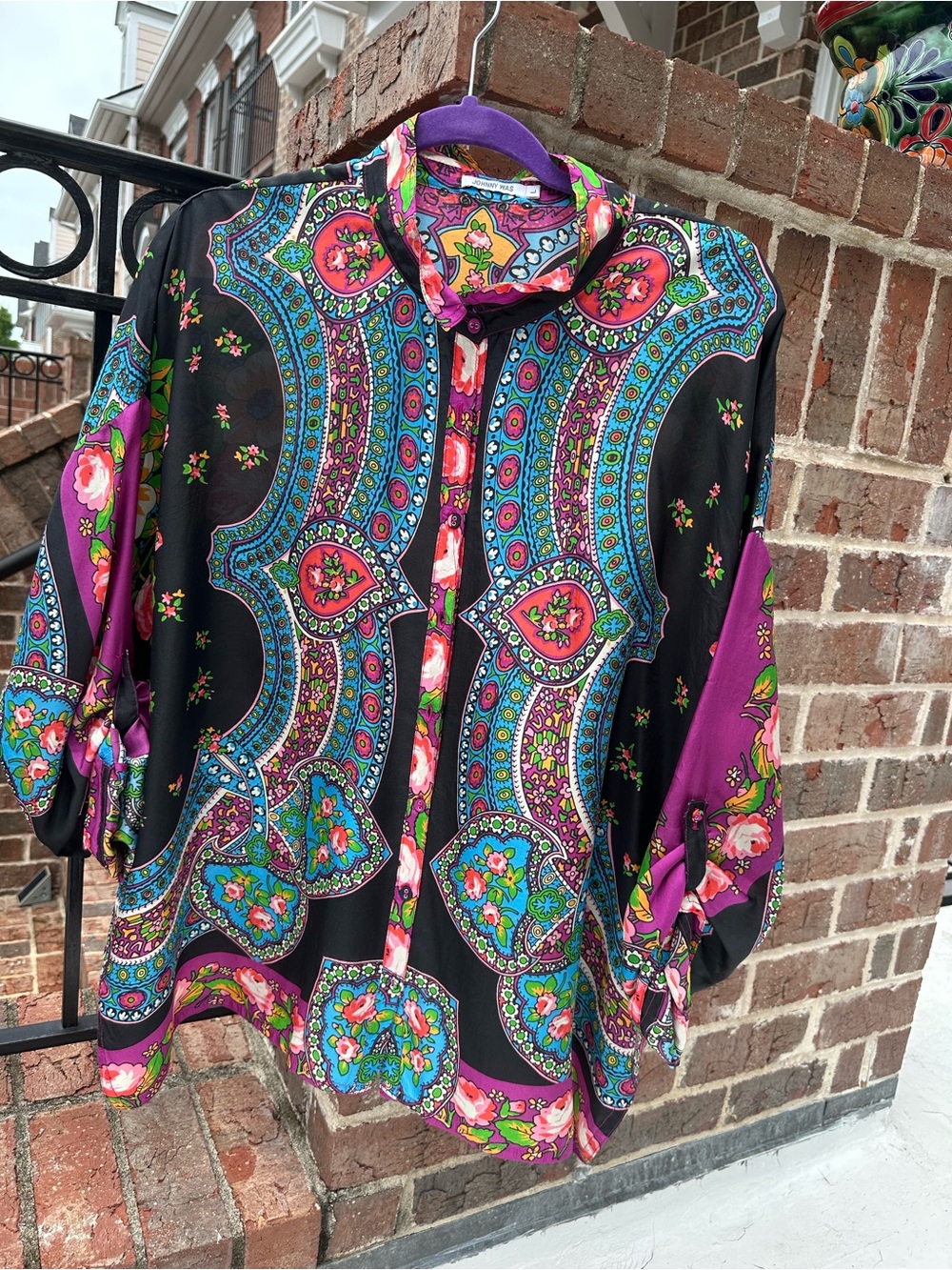 Johnny Was Purple, Black & Multicolor Paisley Floral Blouse